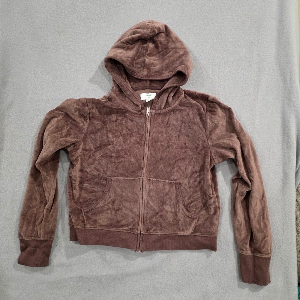 Aerie Brown Velour Zip Up Hoodie Sweatshirt Y2K Style Women M Chocolate Soft